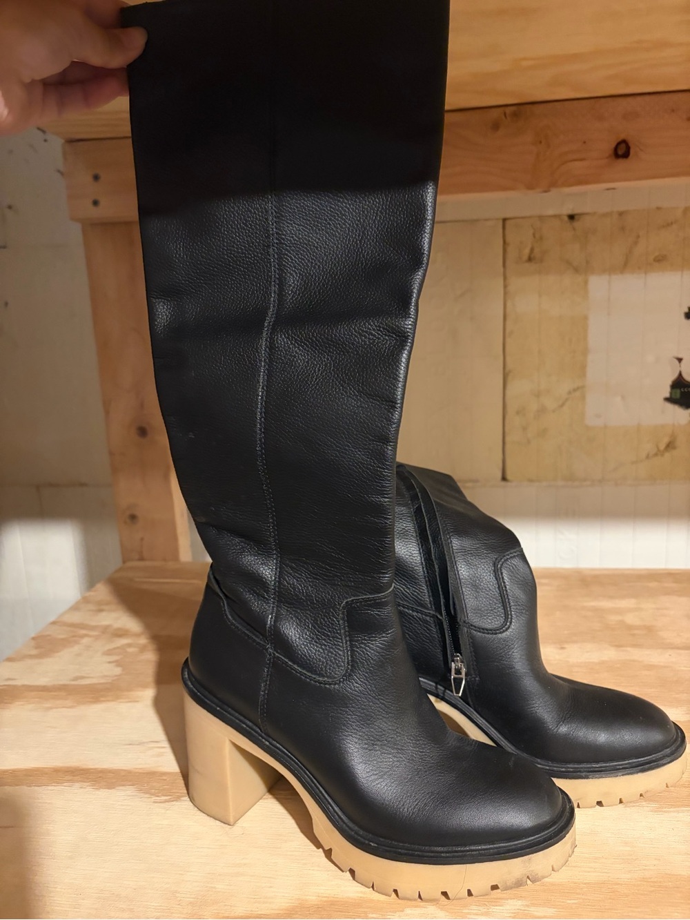 Dolce Vita Black Knee-High Boots with Tan Lug Platform Heel
